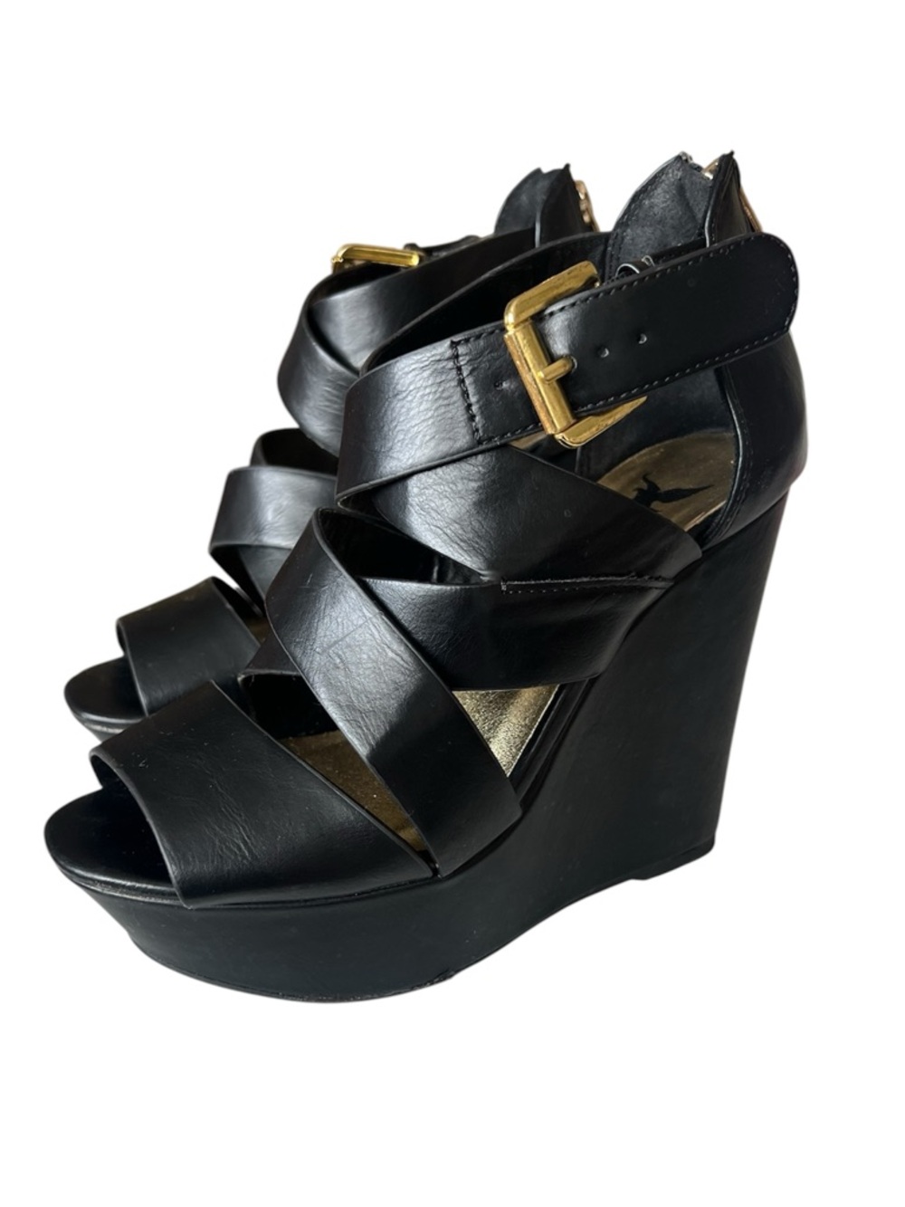 Sheikh Black Strappy Wedge Sandals with Gold Buckle